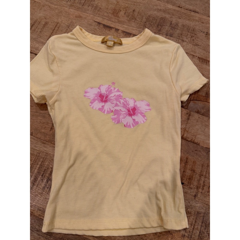 Cult Favorite Womens Yellow Ribbed Hibiscus Floral Graphic Baby Tee XS